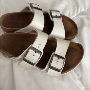 Birkenstock White Sandals with Silver Buckles